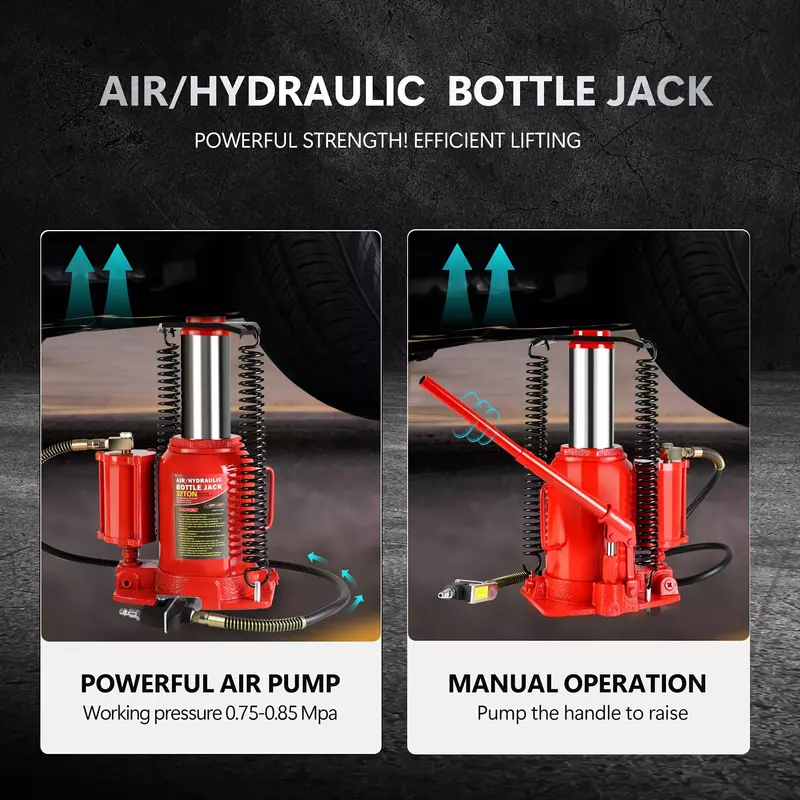 Portable Low Profile 32-Ton Hydraulic Air-Operated Bottle Jack with Handle - Efficiently Lift Heavy Loads