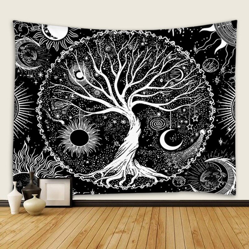 Pohon Kehidupan permadani hitam bulan dan matahari permadani hiasan dinding Psychedelic permadani estetik mistis untuk ruang tamu kamar tidur