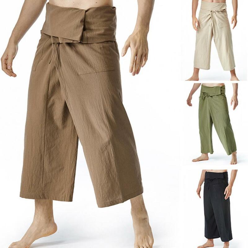 Calças de pescador para artes marciais masculinas, pernas largas, calças retas soltas, roupa de fitness tailandesa, linho