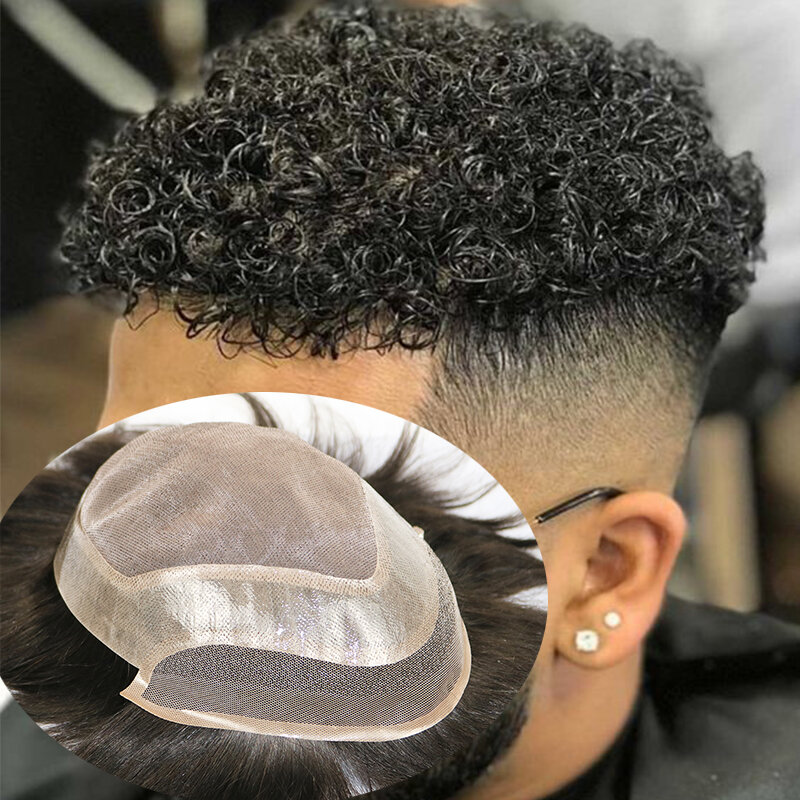 10MM Men's Human Hair Curly Toupee Durable Mono Lace Base PU Around System Capillary Prosthesis Natural Hairline Lace Front