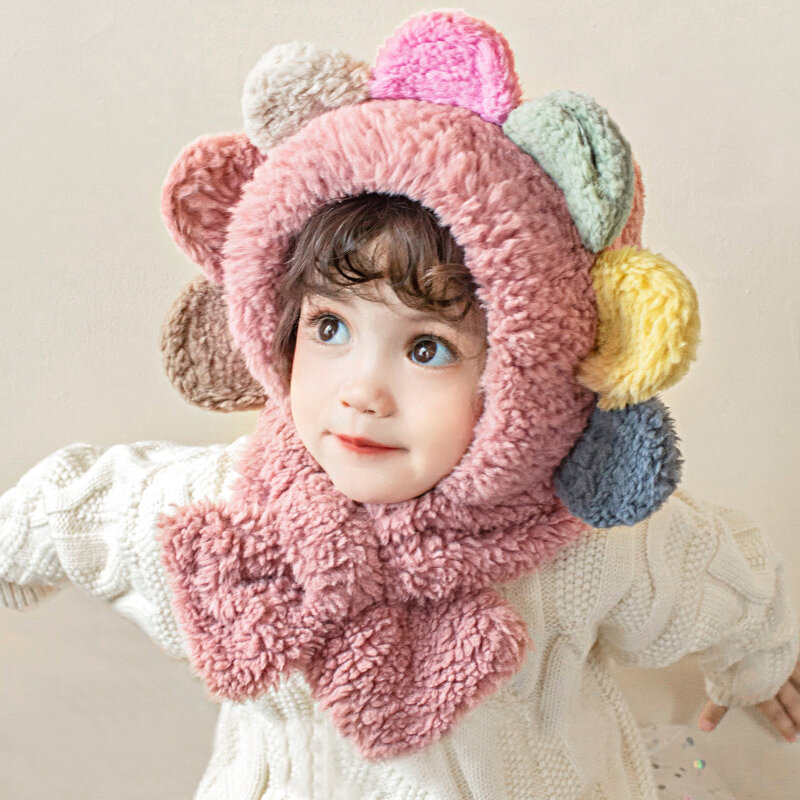 Winter Children Ear Protection Plush Neck Warmer Hats Scarf Warmer Baby Flower Lace Up Scarf Soft Thicken Windproof Pullover Cap