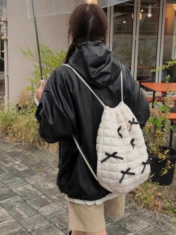 Mochila estética com arco Kawaii, bolsa casual com cordão, moda doce, escola e viagem, Y2k
