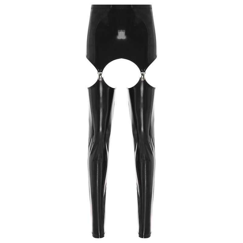 Damen glänzende sexy Strumpfhose Hosen Lack leder Minirock mit Strumpfband Clips elastische Taille Oberschenkel Ausschnitt Leggings sexy Clubwear