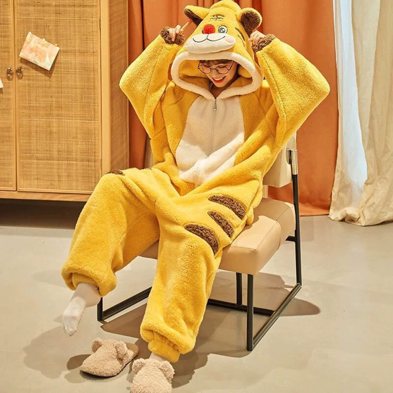 Pijama de tigre de franela para mujer, mono cálido de terciopelo, ropa de dormir Unisex, monos gruesos holgados con capucha de felpa, ropa de casa de invierno