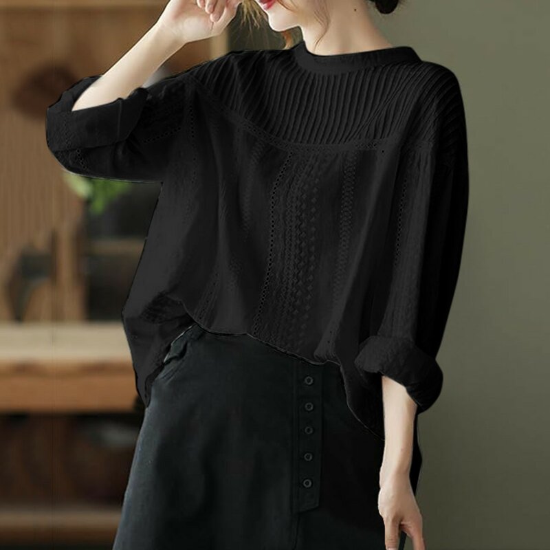 Женская кружевная блузка с вышивкой, элегантная повседневная блузка с длинным рукавом и круглым вырезом, в Корейском стиле, лето 2024