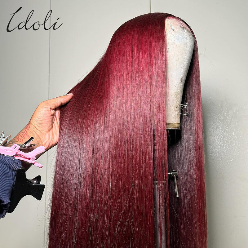 女性のための滑らかな人間の髪の毛のかつら,HDレースのかつら,バーガンディ99j,赤,30 32, 13x6