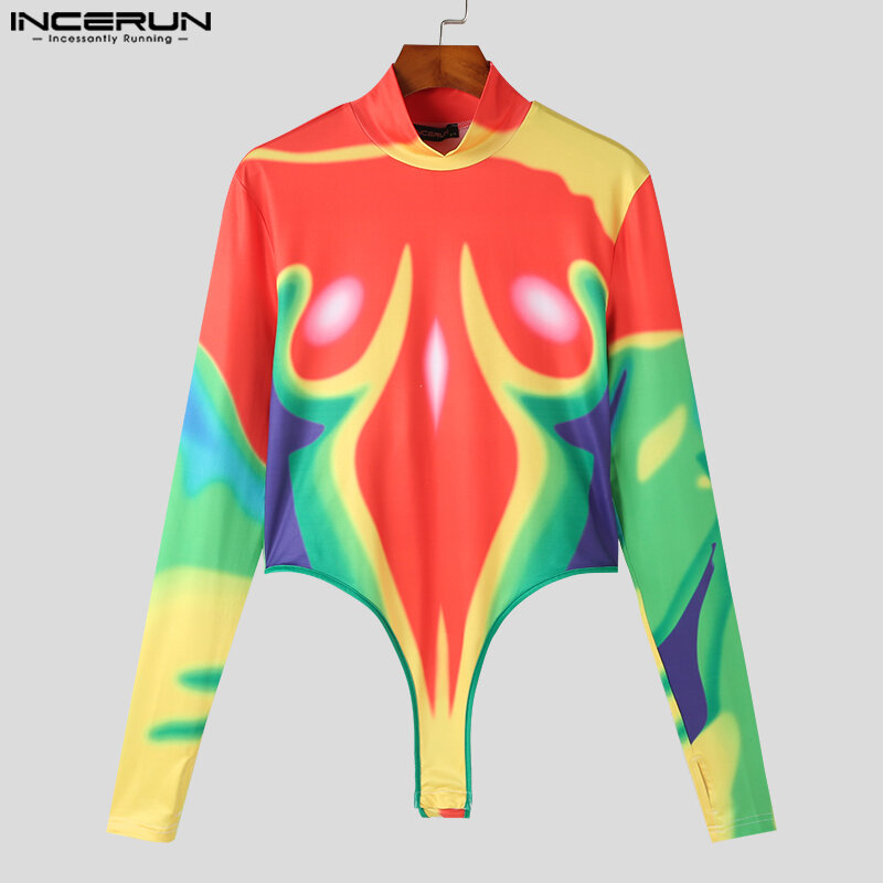 INCERUN Sexy Men's Jumpsuits Colorful Tie Dye Print Rompers Stylish Half High Neck Thimble Long Sleeve Triangle Bodysuits S-5XL