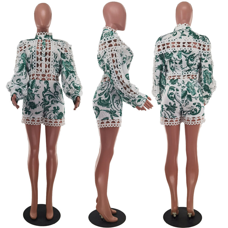 2023 Nova Impressão Sexy Lace Costura Costura Vazio One-piece Shorts Moda Verão Casual High Street Macacões & Romper das mulheres