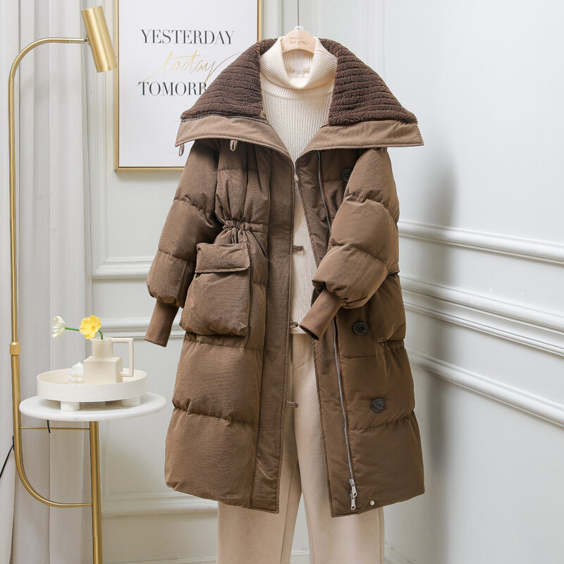新しい冬のダウンジャケット,女性用の厚いパーカー人形の襟,白いダックダウンコート,ファッショナブルな薄いロングコート,暖かいパーカー2023