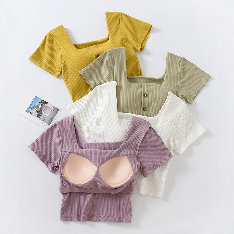 女性用半袖睡眠Tシャツ,セクシーなブラパッド,綿の下着,カジュアルなナイトウェア,パジャマトップ,1個