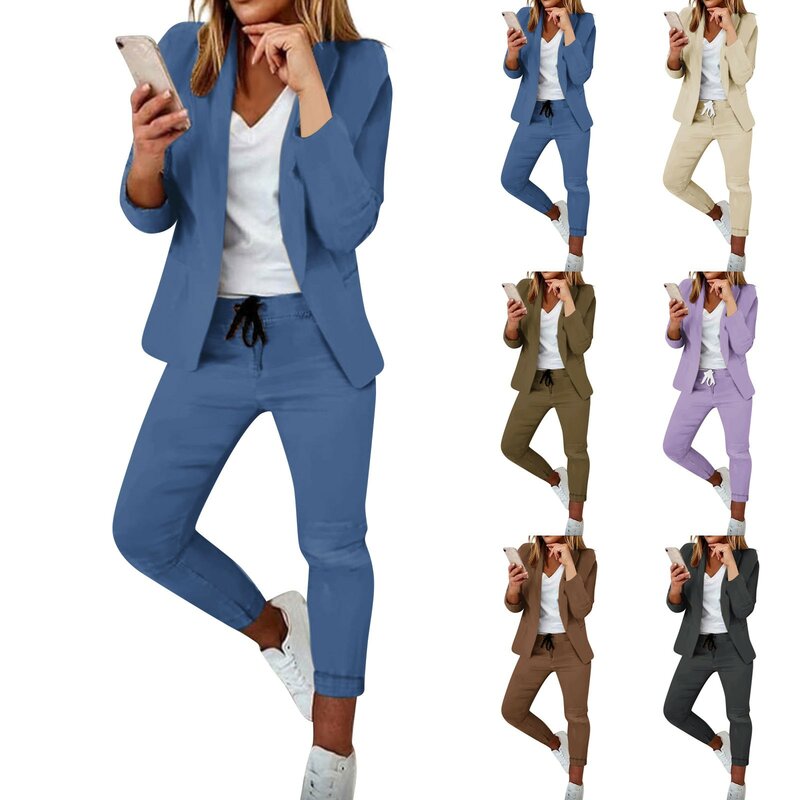 Women'S Solid Color Suits Daily Commute Casual Long Sleeve Lapel Cardigan Jackets Skinny Slim Fit Drawstring Pants Suits