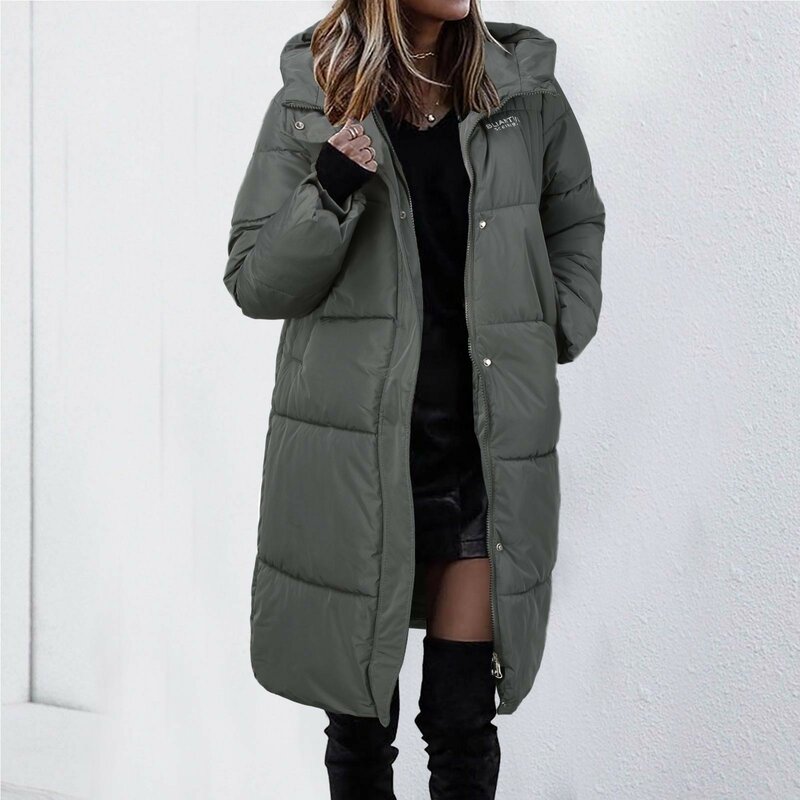 겨울 코튼 코트 2023 단색 롱 스트레이트 겨울 코트, 캐주얼 여성 파카 의류, 후드 세련된 재킷, 여성 아우터
