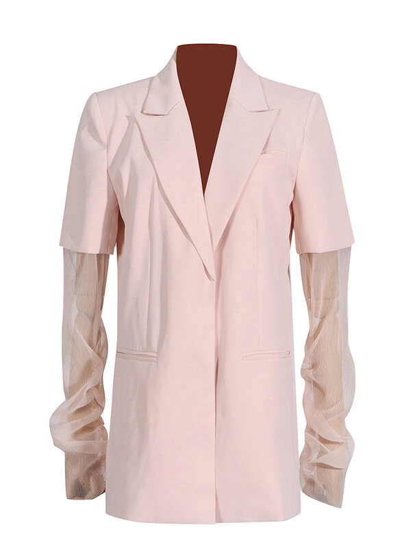 Blazer musim panas untuk wanita Fashion Mesh disambung lengan penuh kerah takik warna Solid kasual longgar setelan jaket 2024 baru trendi XX416