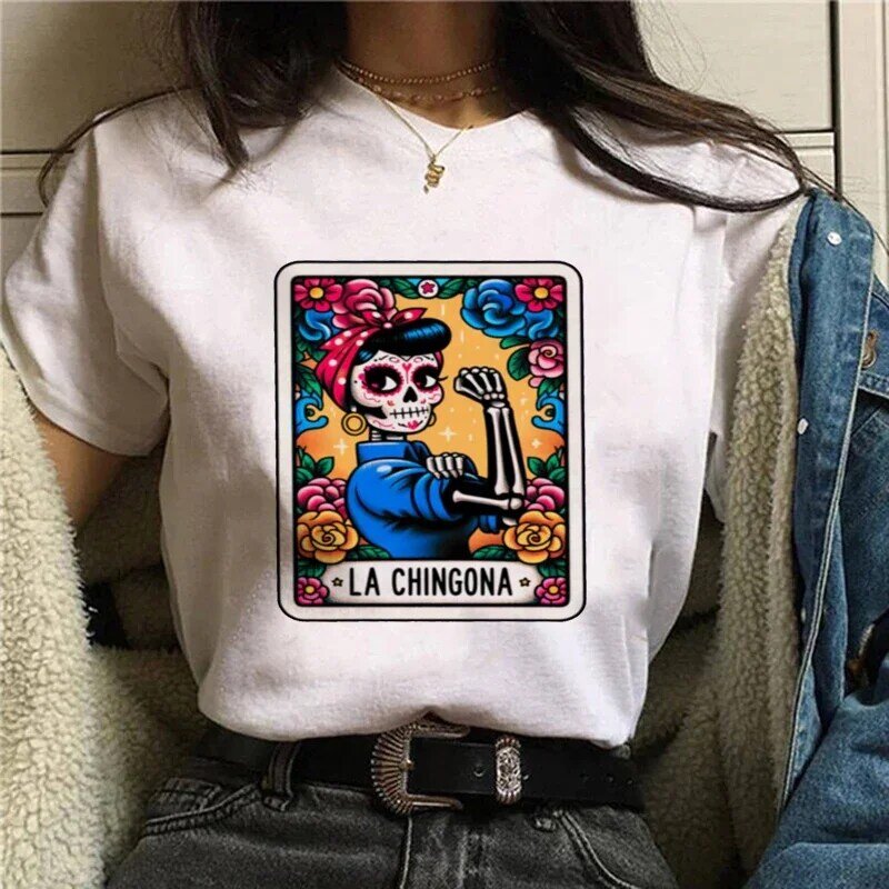T-shirt damski z krótkim rękawem z nadrukiem luźna koszulka La Chingona z nadrukiem z krótkim rękawem w stylu Casual z dekoltem T-Sh