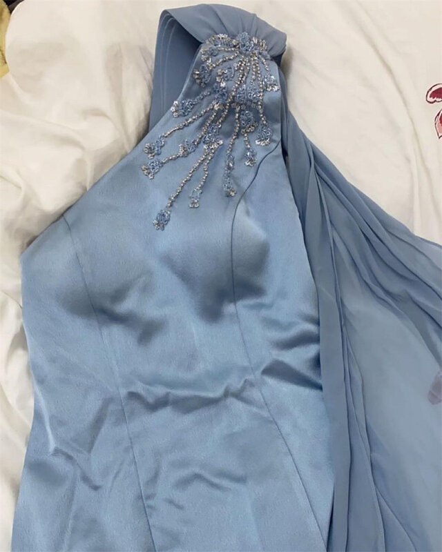 Gaun Prom Arab Saudi gaun malam Satin manik-manik tirai pesta kotak-kotak gaun panjang acara dipesan satu bahu