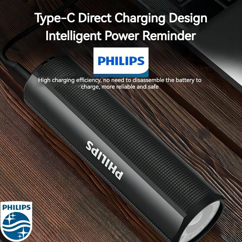 Philips Zaklamp Hoog Vermogen Met Type-C Opladen 18650 Batterij 4 Verlichtingsmodi Led Zaklamp Kampeerlicht Voor Zelfverdediging