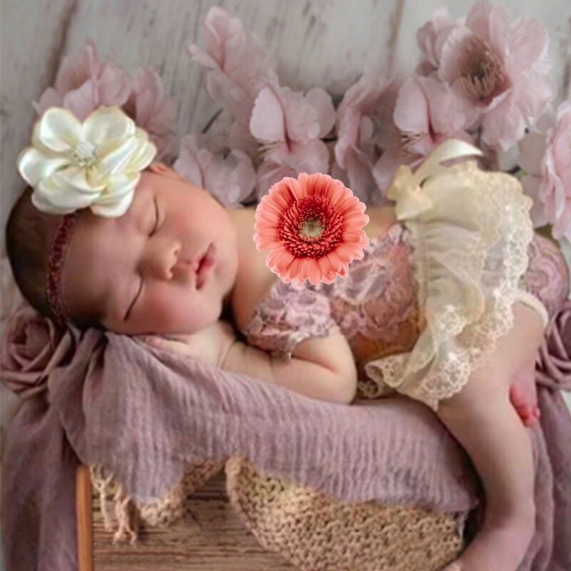 Y1UB Lace Jumpsuit Flower Headpieces Baby Photo Posing Outfit Newborn Photo Costume