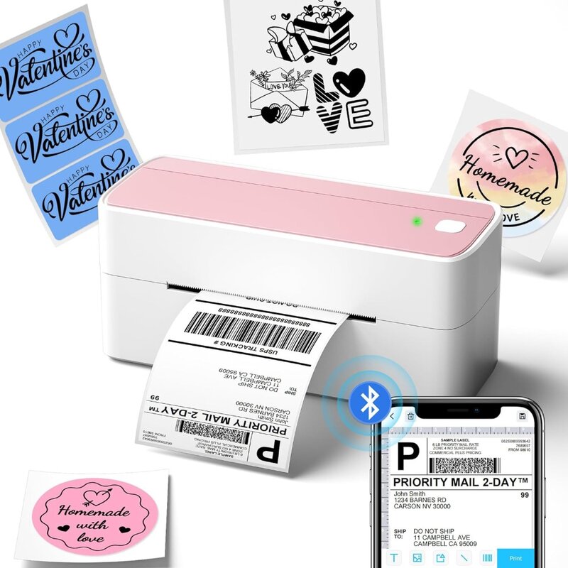 Imprimante d'étiquettes thermiques Bluetooth, imprimante d'étiquettes d'expédition sans fil pour les petites entreprises, imprimante d'étiquettes roses pour l'expédition, 241BT 4X6
