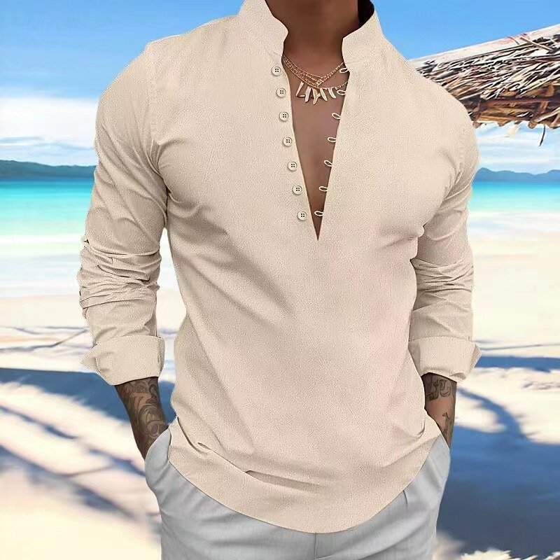 Рубашка мужская с воротником-стойкой, блуза из хлопка и льна в британском стиле ретро, с длинным рукавом, в повседневном стиле, для весны и осени