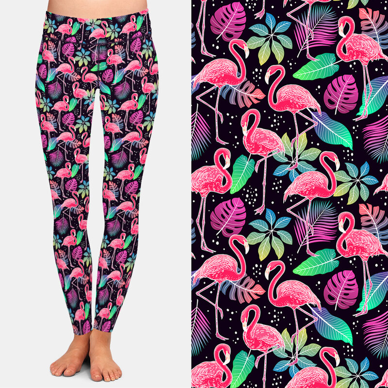 LETSFIND wysokiej jakości 3D flamingi i liście mleka jedwabiu druku cyfrowego Fitness kobiety legginsy wysokiej talii Stretch pełne legginsy