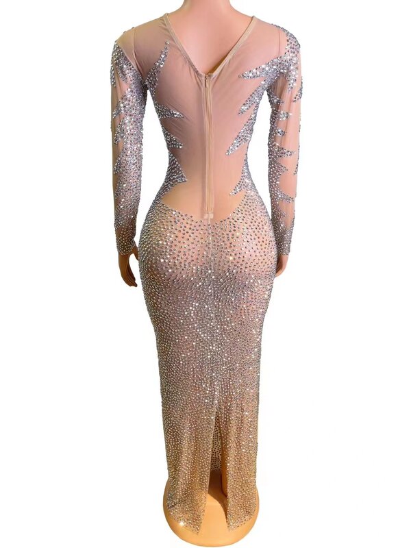 Peanut Skin Tone Full Diamond Long SleevedMesh Wrap Buttocks Dress Singer ModelNightclub Bar Performance Clothing A483