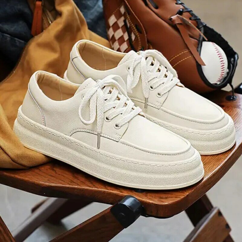 Men's Solid Colour Flat Vulcanised Shoes Lace Up Round Toe Comfortable Trainers Non-slip Lightweight Thick Bottom Sneakers