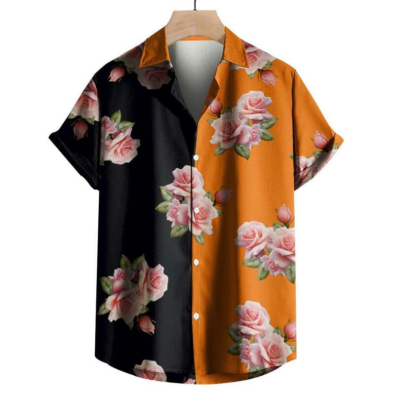 Camisas de bloque de Color para hombre, estampado 3D, gráficos de flores rosas, botón de moda, manga corta, solapa, ropa de calle, camisa clásica para hombre, Verano