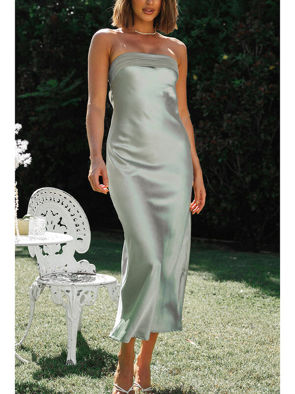 Платье женское атласное длинное без бретелек, с низким вырезом