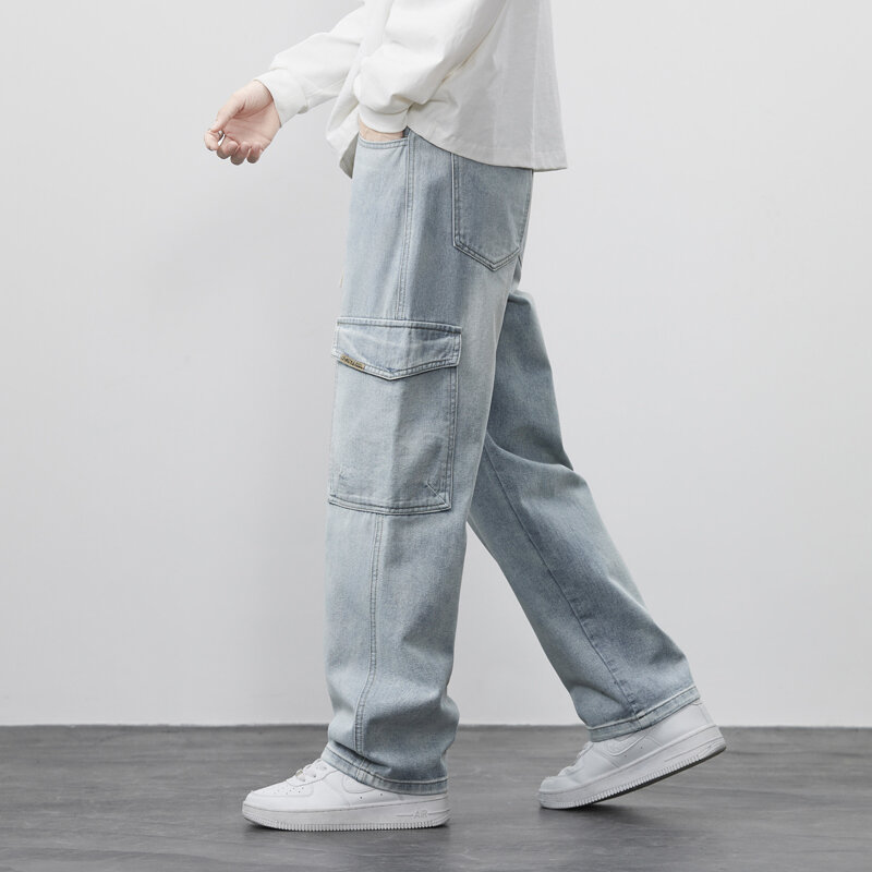 Spodnie Cargo męskie proste dżinsy rozciągliwa talia casualowe miękkie spodnie dresowe odzież męska luźne spodnie jeansowe w stylu Vintage