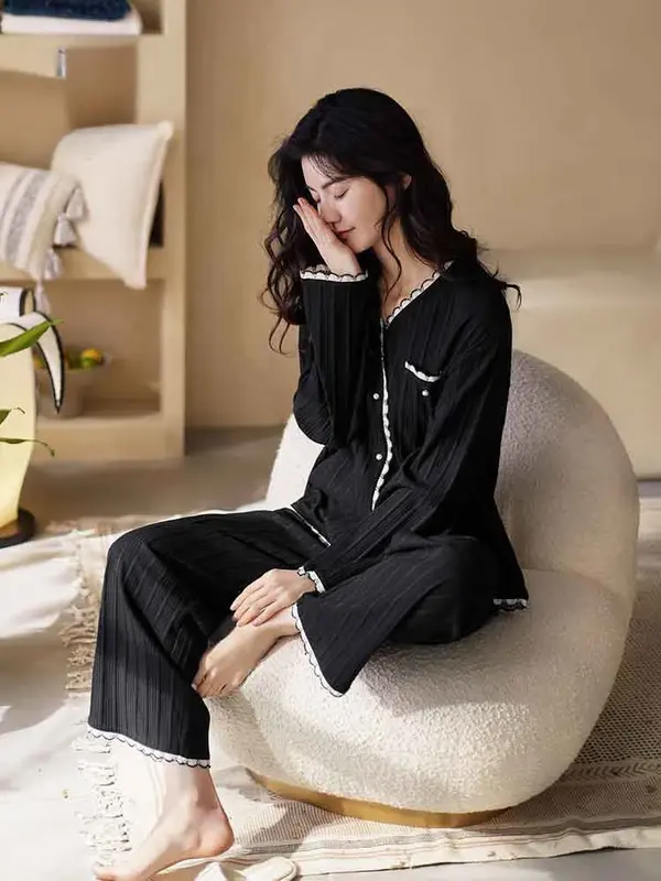 Set piyama wanita, pakaian tidur katun lengan panjang dua potong kasual gaya Korea Musim Semi dan Gugur bergaris