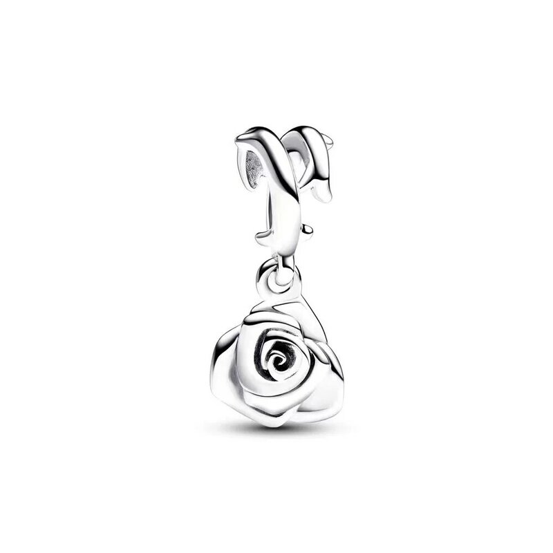 2024 New 925 Silver Charm Rose in Bloom Charm Bead Fit Pandora Moments Rose Clasp Snake Chain Bracelet DIY Women Fine Jewelry