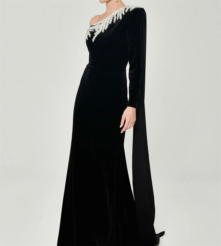Sparkle Exquisite High Quality Velour Pearl Clubbing Sheath One-shoulder Bespoke Occasion Gown Long Dresses