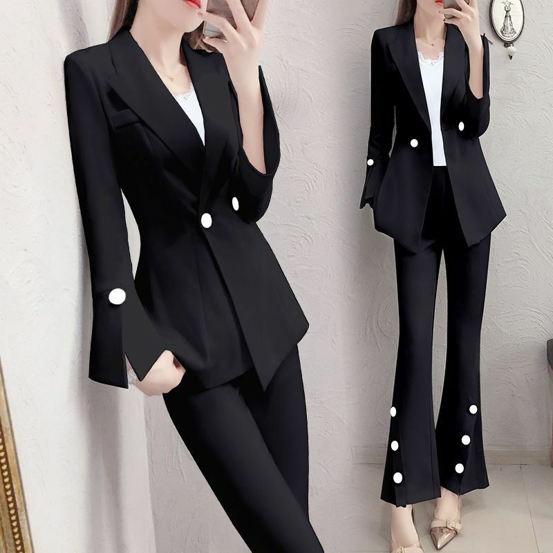 Voorjaar Nieuwe Koreaanse Mode Slim Fit Jas Jas Mode Flare Broek Tweedelige Elegante Vrouwen Broek Pak Blazer Outfits