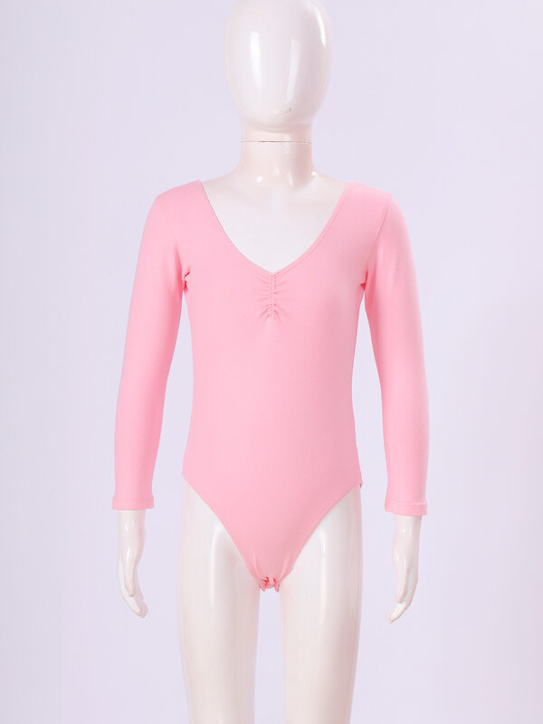 Kids Girls Ballet Dance Leotards Cotton Long Sleeve Solid Color Bodysuit with Briefs for Gymnastic Practice Ballerina Dancewear