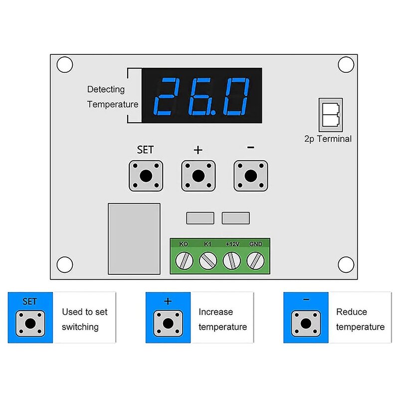 Papan pengontrol suhu Digital, 2X W1209 DC 12V-50-110 °C sakelar modul kontrol temperatur elektronik (1 Pak)