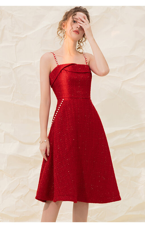 Abito in tweed con fionda di perle retrò vestito rosso da donna di capodanno vestito altalena per ospite di nozze