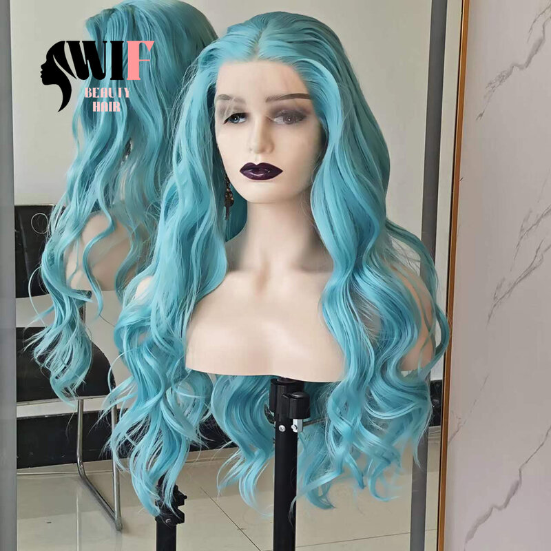 Wif Lake-شعر مستعار صناعي طويل من الدانتيل المتموج للنساء ، شعر مموج للجسم ، استخدام تأثيري ، ألياف حرارية ، بدون لاصق ، لون أزرق