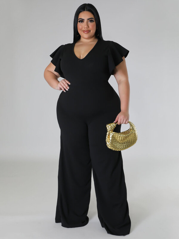 Plus Size Jumpsuits V Neck Short Ruffles High Waist Black White Package Hip Wide Leg Rompers Pants Overalls 4XL One Piece Outfit