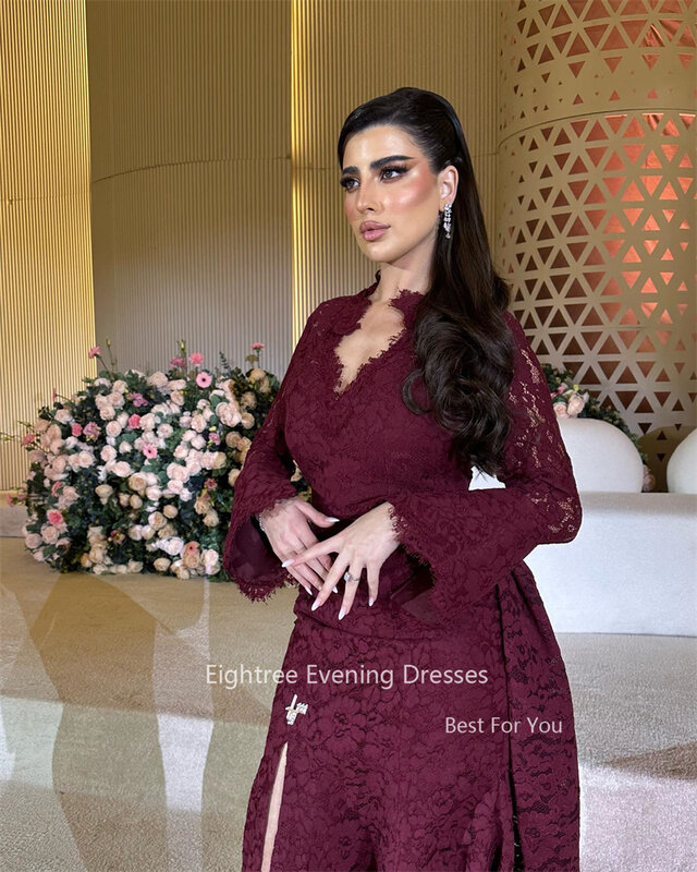 Eightree gaun malam renda putri duyung Burdungry Arab seksi gaun pesta Prom acara khusus Dubai leher V terpisah gaun lengan panjang