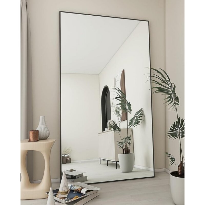 대형 거울 전체 길이 34 인치 x 76 인치, 스탠드 포함 바닥 본체, 금속 프레임 벽걸이 세면대 거울, 걸이식 기대기, 블랙 거울