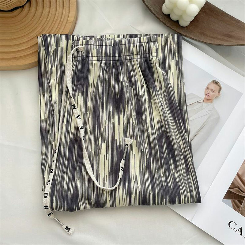 กางเกงเอวสูงพิมพ์ลายย้อมสีสำหรับผู้หญิงกางเกงลำลองทรงหลวมแบบผูกเชือกทันสมัยฤดูร้อนธรรมดา
