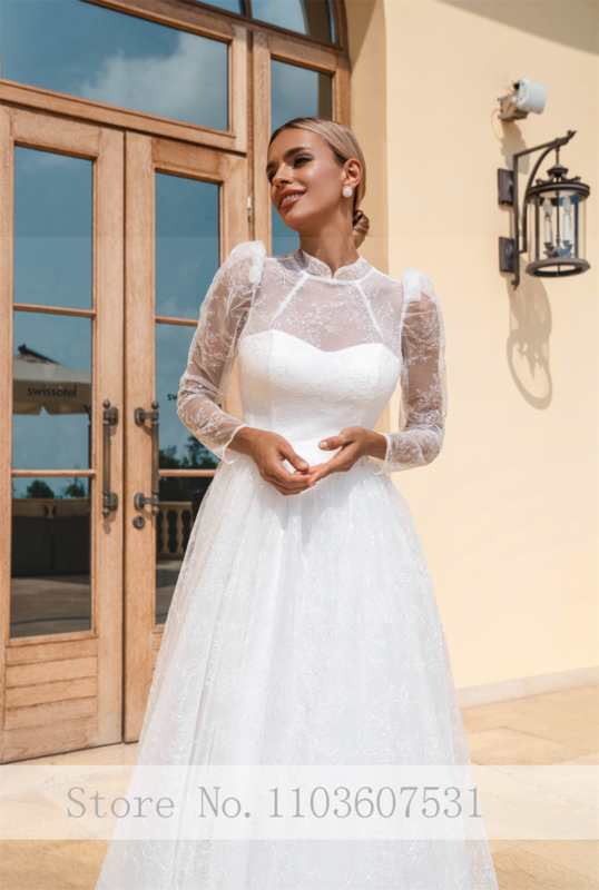2024 elegante High Neck Tüll Spitze Langarm Brautkleid für Frauen Gericht A-Linie Hochzeits feier Kleid Robe de Mariée