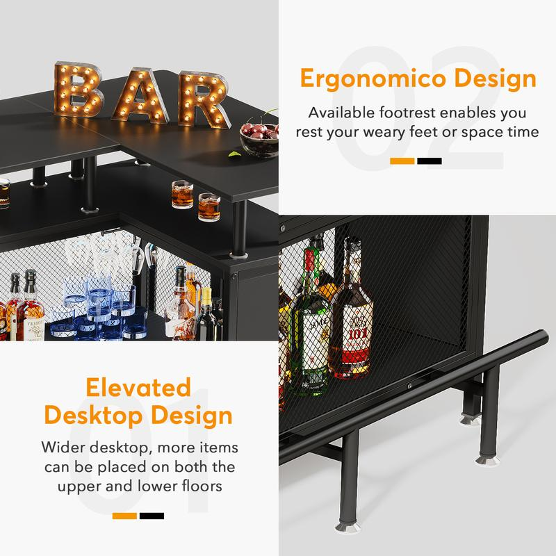 Meja Bar Rumah bentuk L, dengan rak penyimpanan dan rak anggur botol peralatan logam minuman sampanye