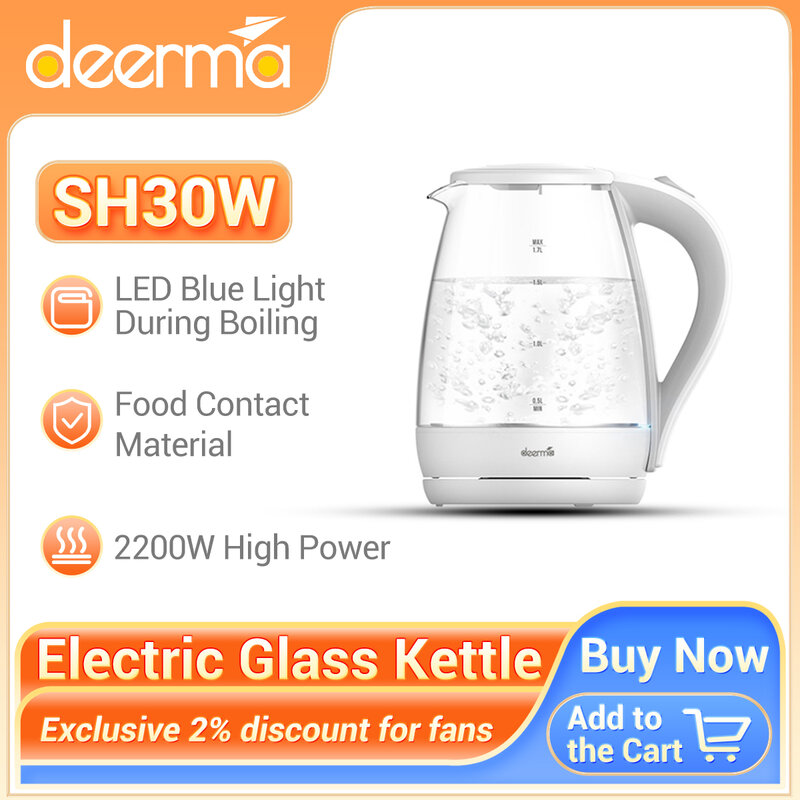 Чайник электрический Xiaomi DEERMA DEM-SH30W с подсветкой, Прозрачный чайник электрический стеклянный, электрочайник, техника для кухни 1,7 л, белый