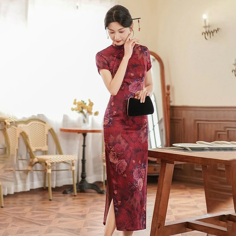 Robe qipao longue pour femme avec fausse tache, Cheongsam chinois pour fête de mariage, robe élégante pour femme, rouge et or