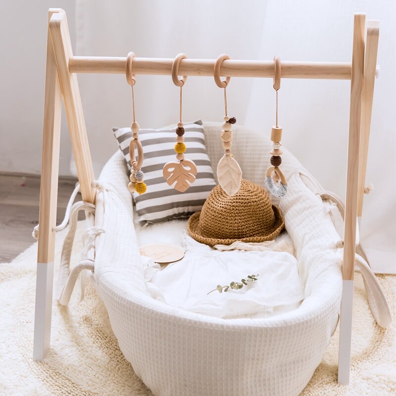1セットベビーフィットネスフレーム木製ガラガラのおもちゃベビーアクティビティジム携帯サスペンションベビールームの装飾新生児アクセサリー