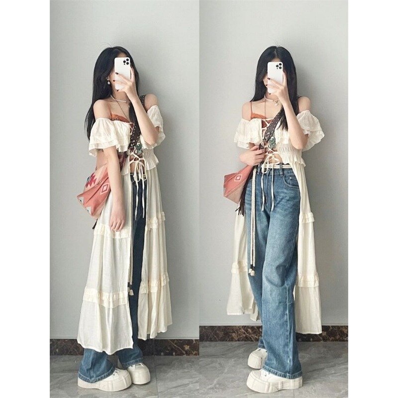 HOUZHOU gaun Balut Wanita ruffle elegan gaun manis panjang putih gaun Streetwear Chic Vintage seksi Midi Korea Y2k