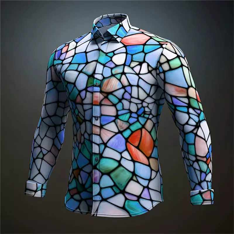 Camicia astratta artistica colorata da uomo quotidiana autunno e inverno bottone con risvolto a maniche lunghe tessuto confortevole vendita calda