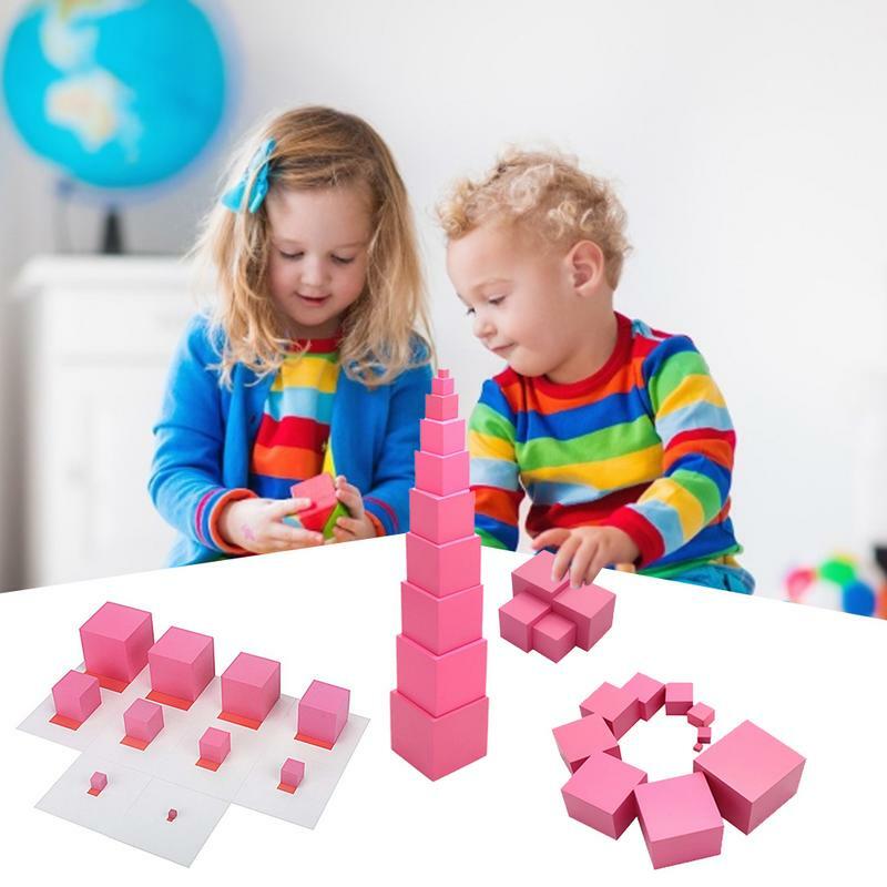 สีชมพู Tower Professional สีชมพู Tower Montessori Cube Tower ของเล่นการเรียนรู้ของเล่นก่อนวัยเรียนก่อนวัยเรียนของเล่นเพื่อการศึกษาคริสต์มาส