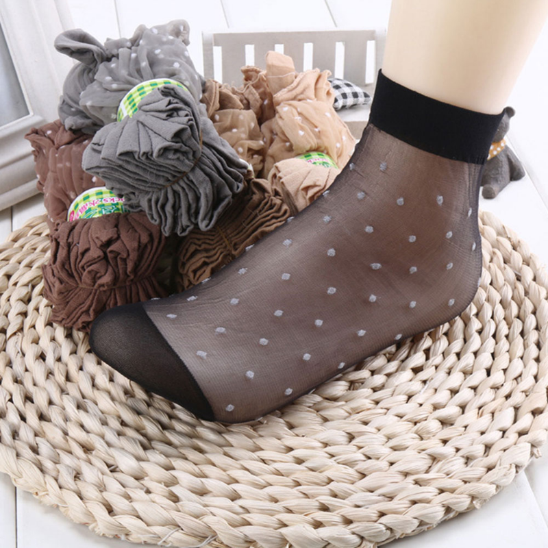 20Pcs/10Pairs Hot Sale Cool Breathable Summer Sexy Black Skin Dot Sock Solid Color Dot Sock Women Girls High Stretch Nylon Sock